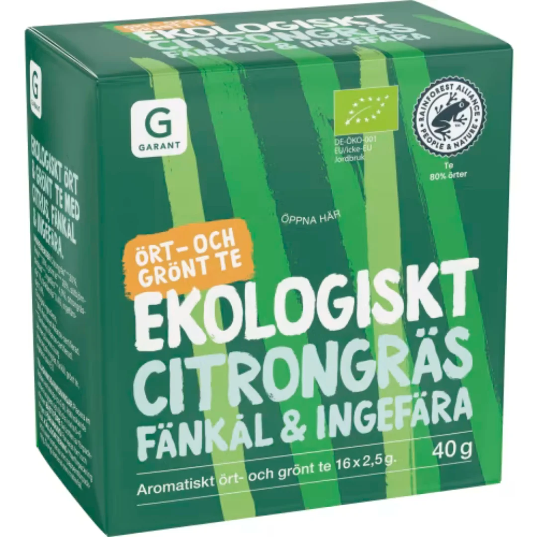 Garant Eko Citrongräs Fänkal & ingefära Te - Organic Herbal and Green Tea with Lemongrass, Fennel, and Ginger 16p