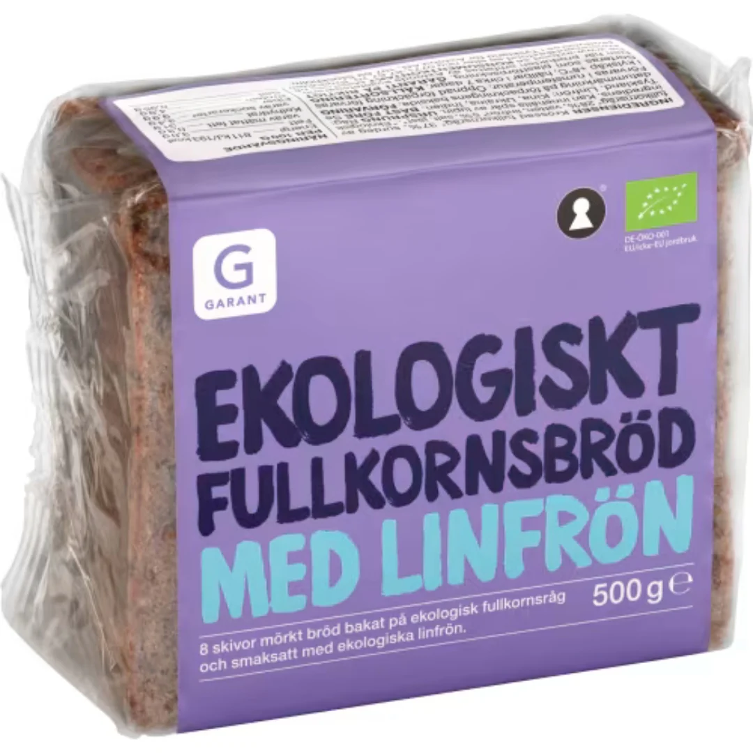 Garant Eko Fullkornsbröd med Linfrön 8-skivor FullkronsrÄg - Organic whole grain bread with flaxseeds 500g