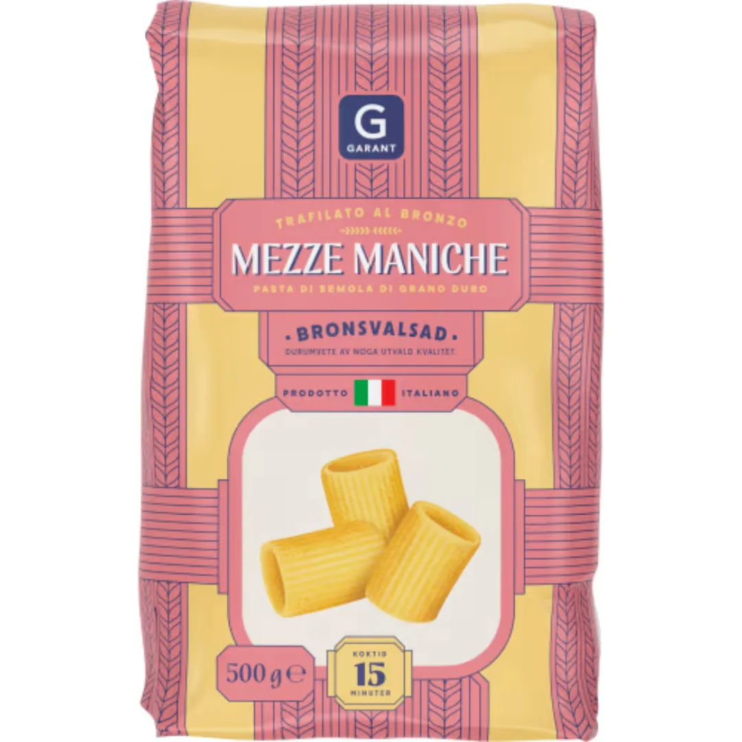 Garant Mezze Maniche Bronsvalsad - Mezze Maniche Pasta 500g