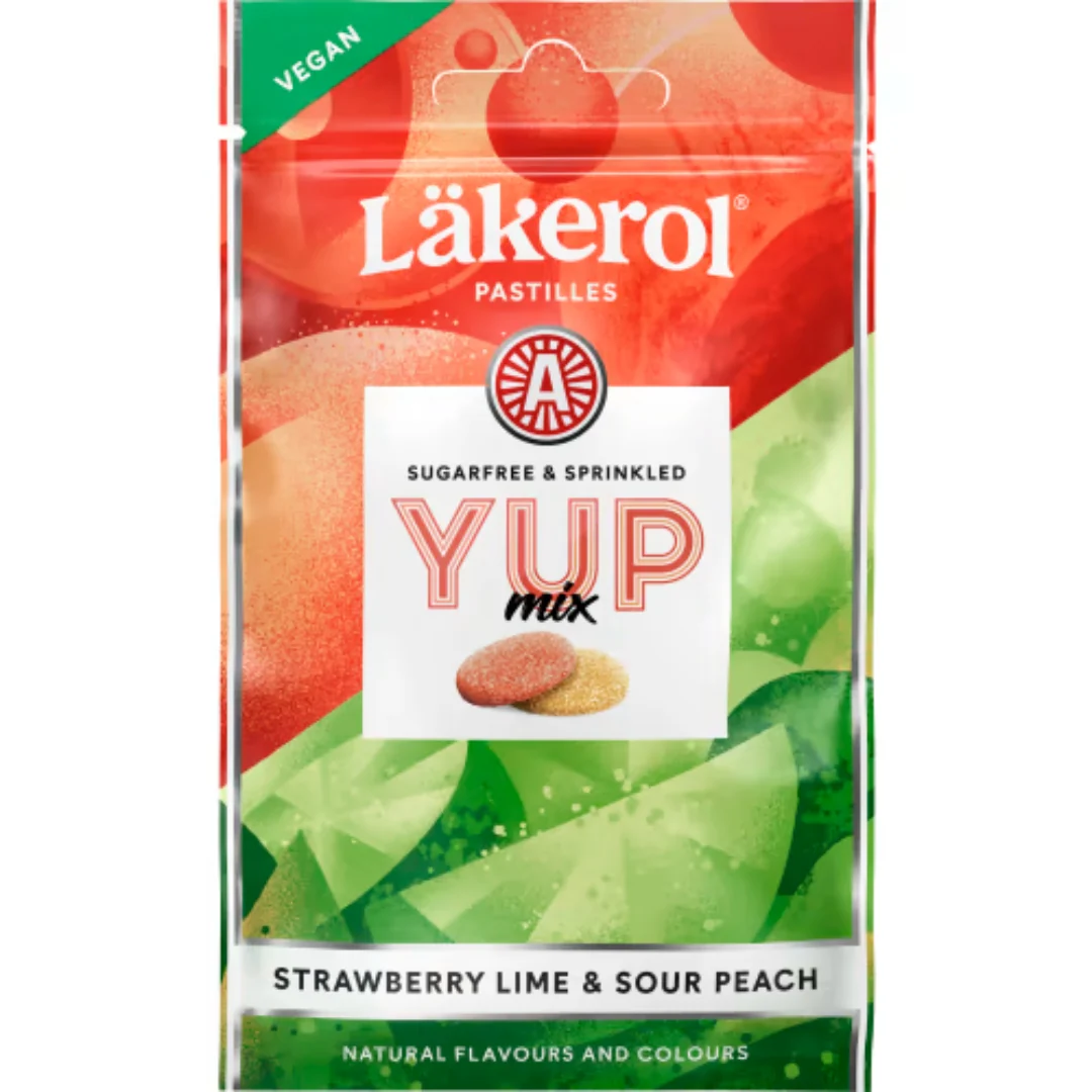 Läkerol Yup Mix Strawberry Lime Sour Peach - Sugar-Free and Vegan Pastilles 30g