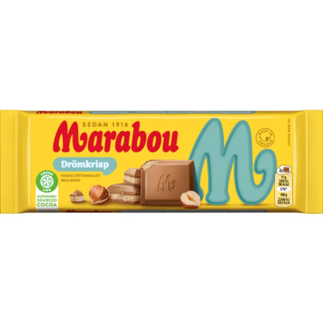 Marabou Drömkrisp Hasselnougat - Milk Chocolate bar with Hazelnut Nougat, Crispy Bits, and a pinch of Salt 90g
