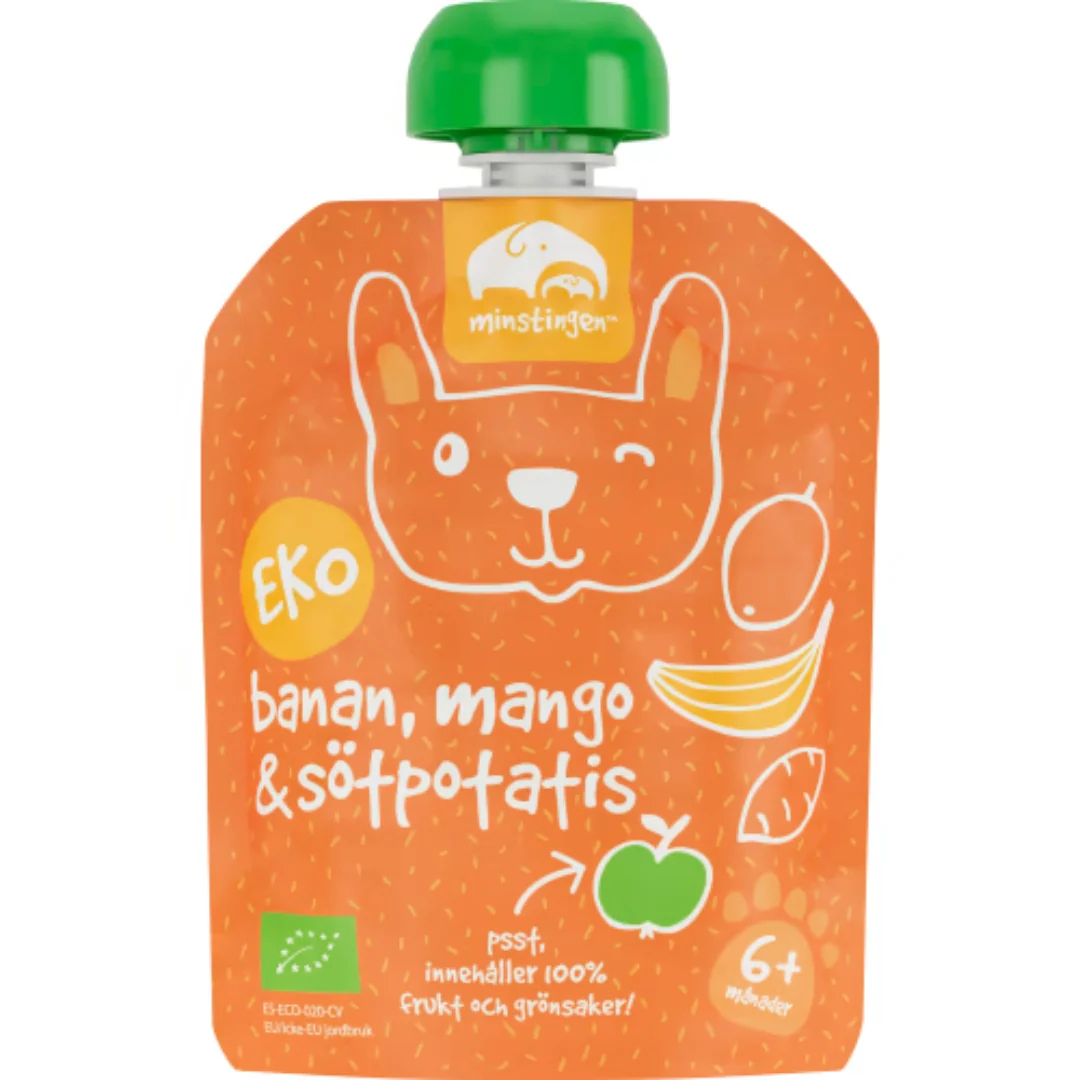 Minstingen Banan Mango Sötpotatis 6 Månader - Banana, Mango & Sweet Potato Organic Purée 90g