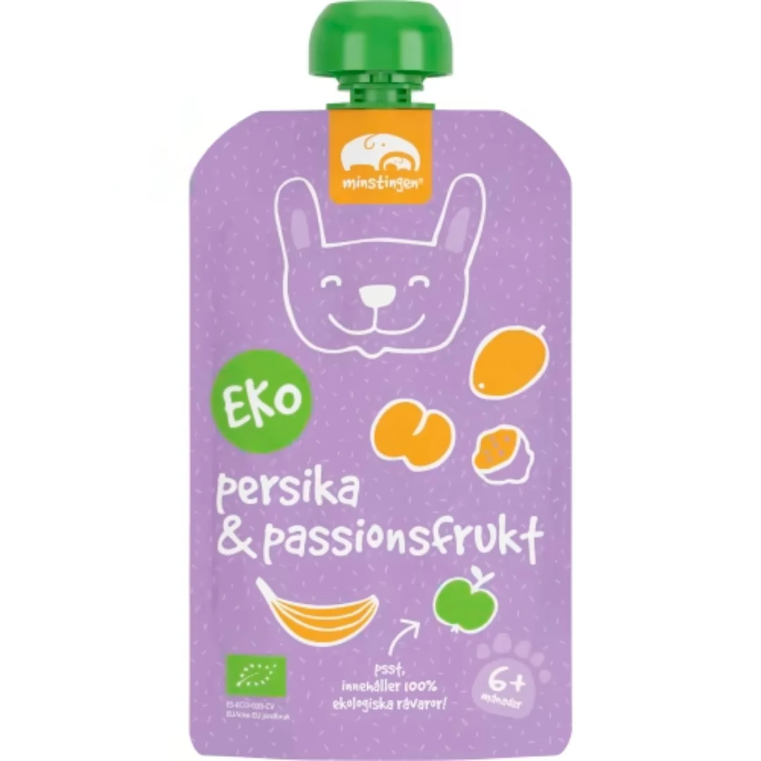 Minstingen Persika Passionsfrukt 6 MÄnader - Organic Peach & Passion Fruit Purée 120g