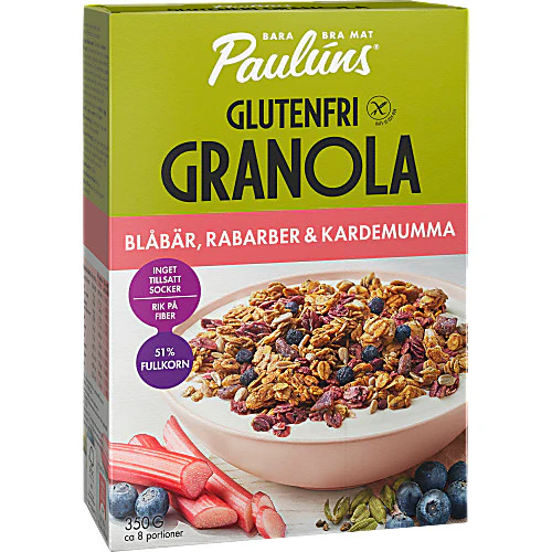 Paulúns Glutenfri Granola Blåbär, rabarber & kardemumma - Gluten-Free Granola 350g