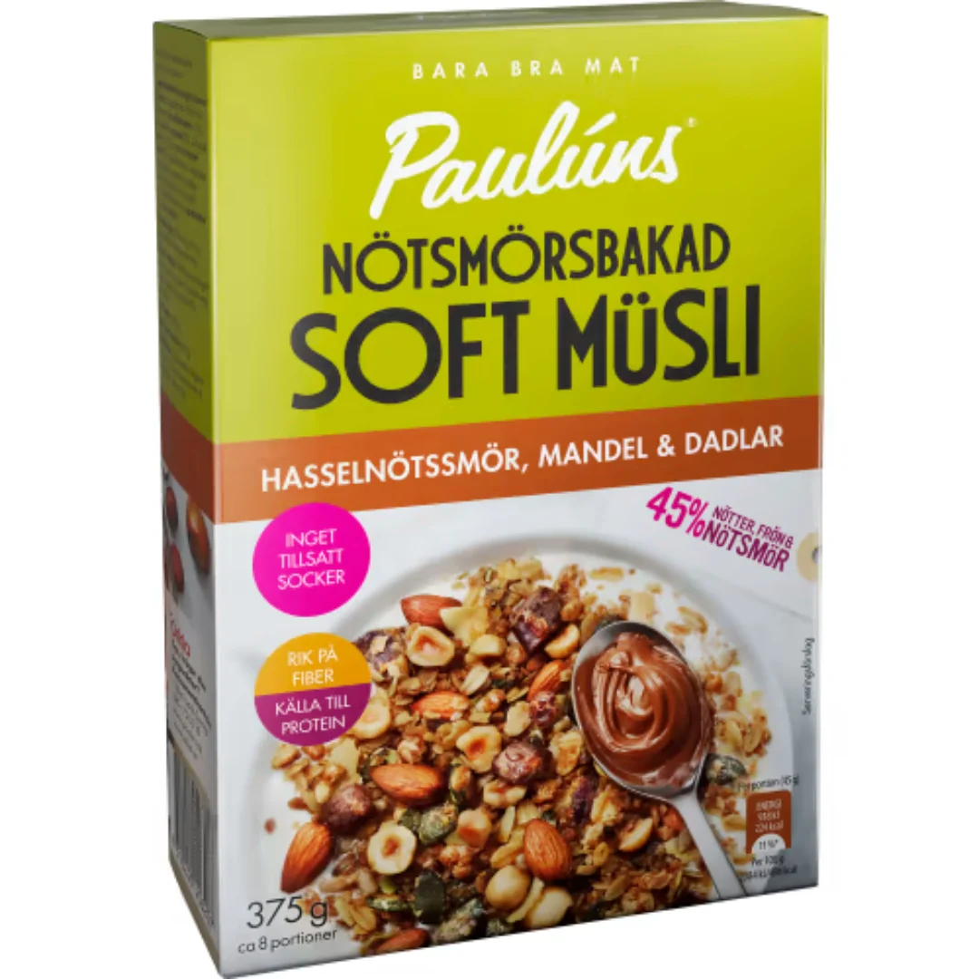 PaulĂșns Soft MĂŒsli Hassel Mandla Dadlar Nötsmörsbakad - Soft Muesli with Hazelnut, Butter Almond & Dates 375g