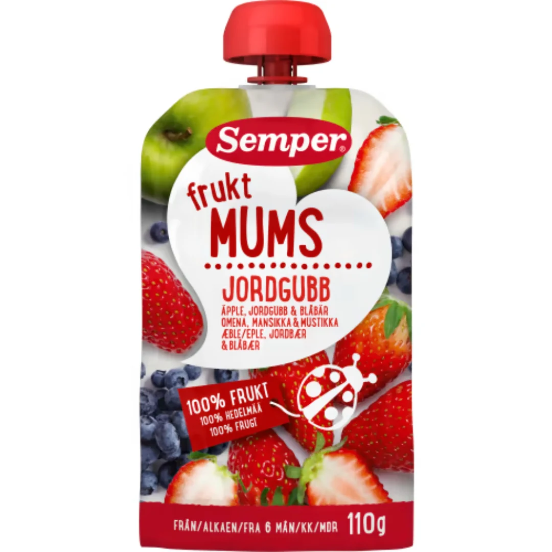 Semper Fruktmums Jordgubb 6 MÄnader - Strawberry, Apple & Blueberry Puree 110g