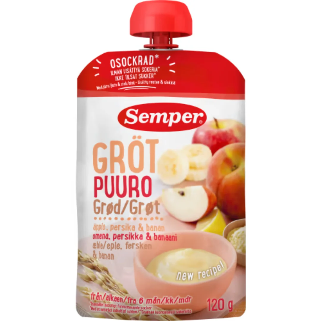 Semper Gröt Ăpple Persika Banan 6 MĂ„nader - Fruit Porridge Pouch Apple, Peach & Banana 120g