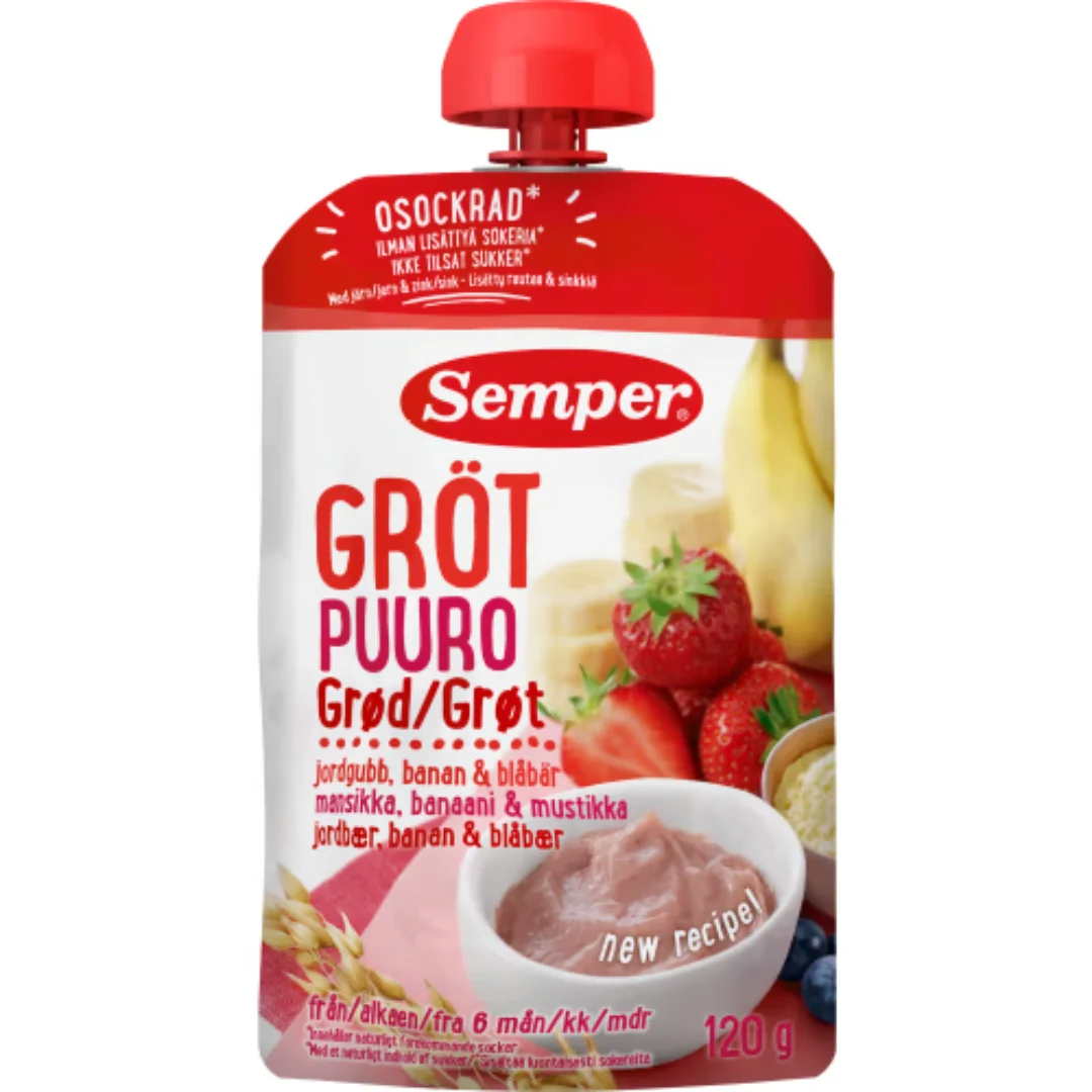 Semper Gröt Jordgubb Banan BlÄbÀr 6 MÄnader - Porridge Pouch Strawberry, Banana & Blueberry 120g