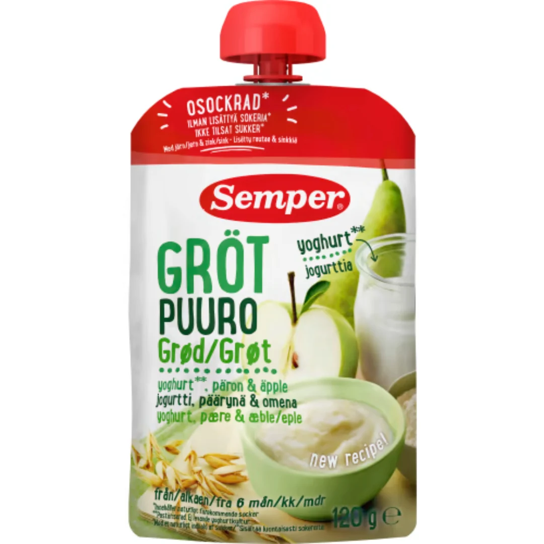 Semper Gröt PĂ€ron Ăpple 6 MĂ„nader - Porridge Pouch Apple, Pear & Yogurt 120g