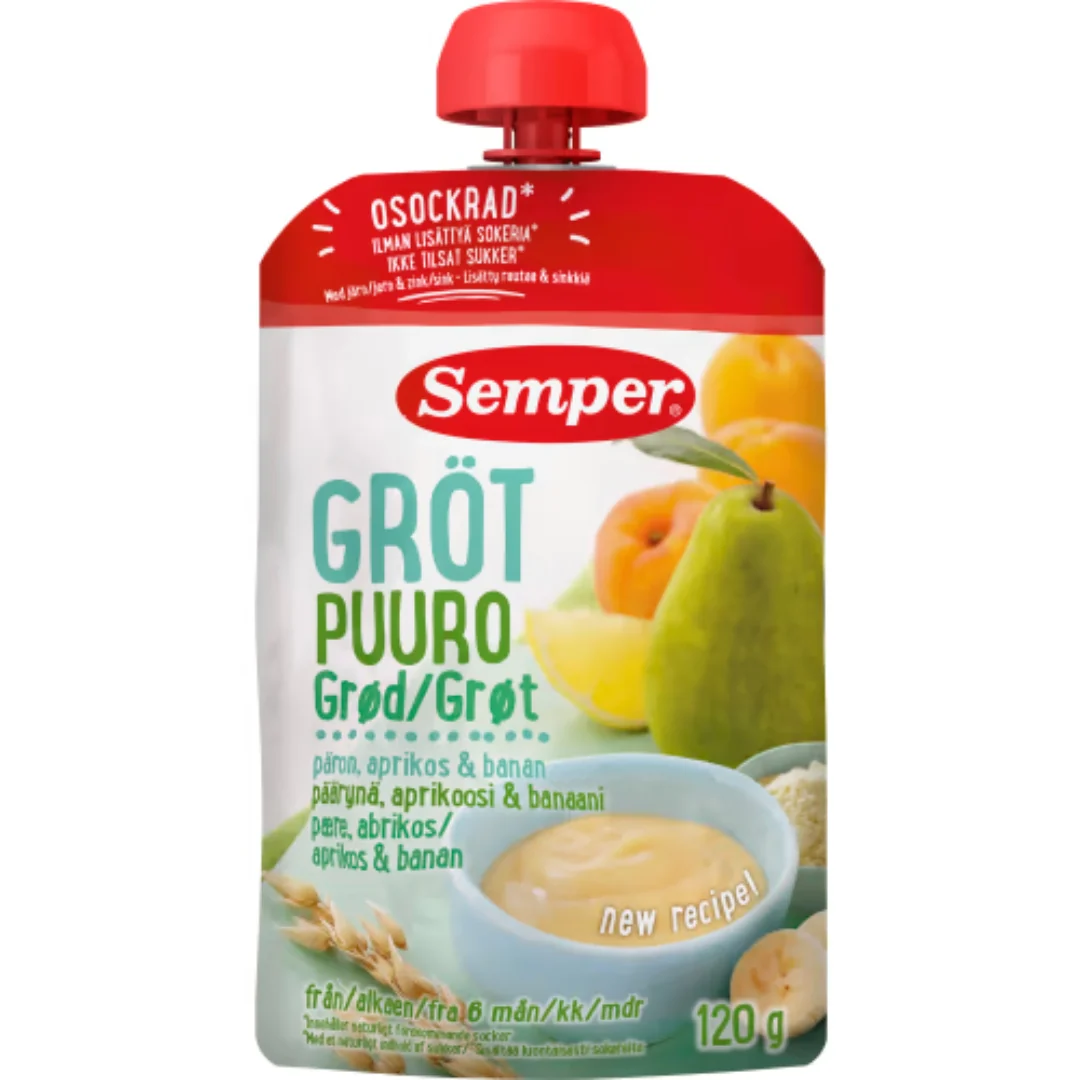 Semper Gröt PÀron Aprikos Banan 6 MÄnader - Fruit Porridge Pouch Pear, Apricot & Banana 120g