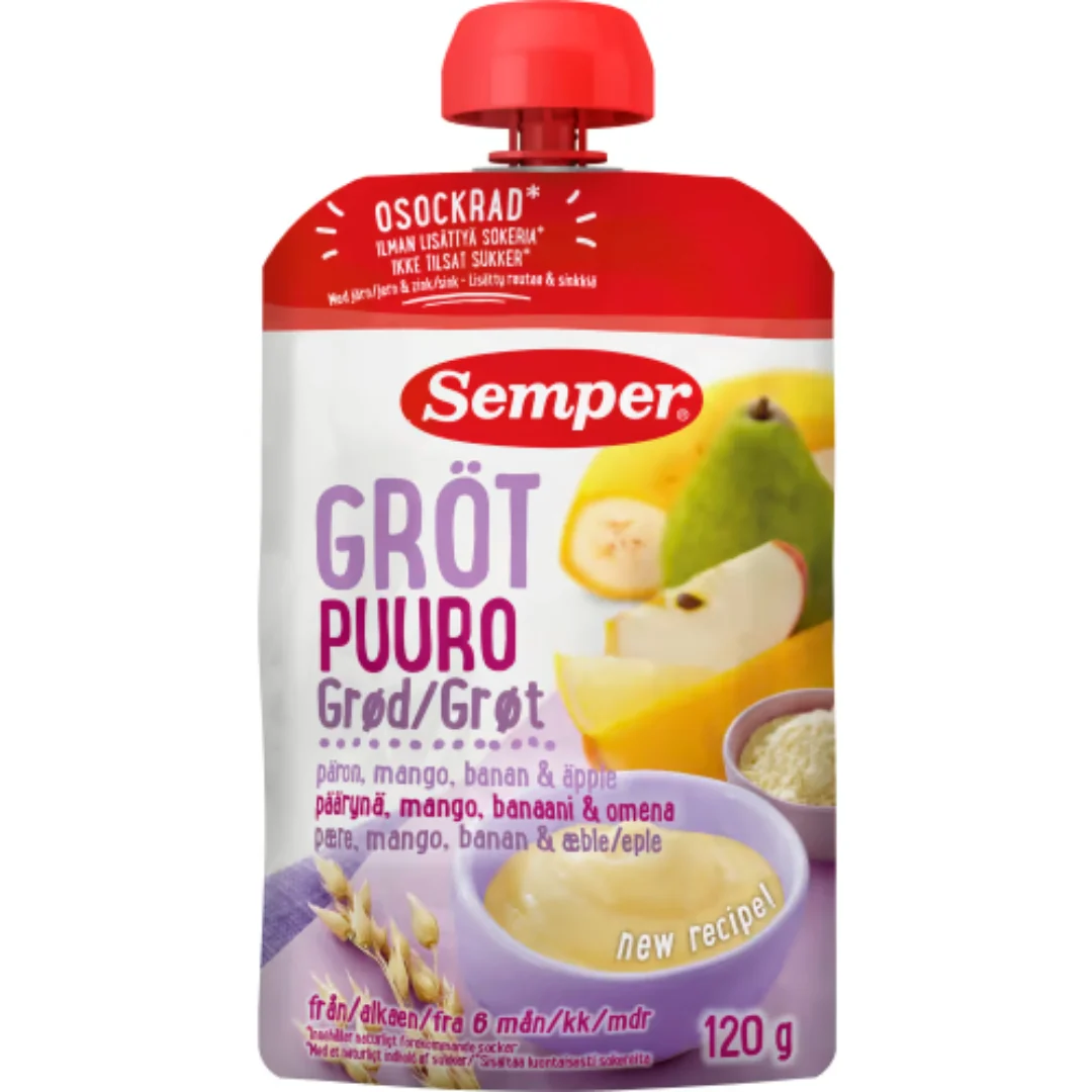 Semper Gröt PĂ€ron Mango Banan Ăpple 6 MĂ„nader - Porridge Pouch Pear, Mango, Banana & Apple 120g