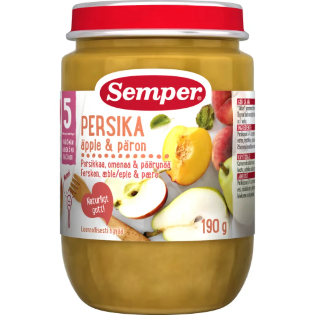 Semper Persika Ăpple PĂ€ron PurĂ© 5 MĂ„nader - Peach & Pear PurĂ©e 190g